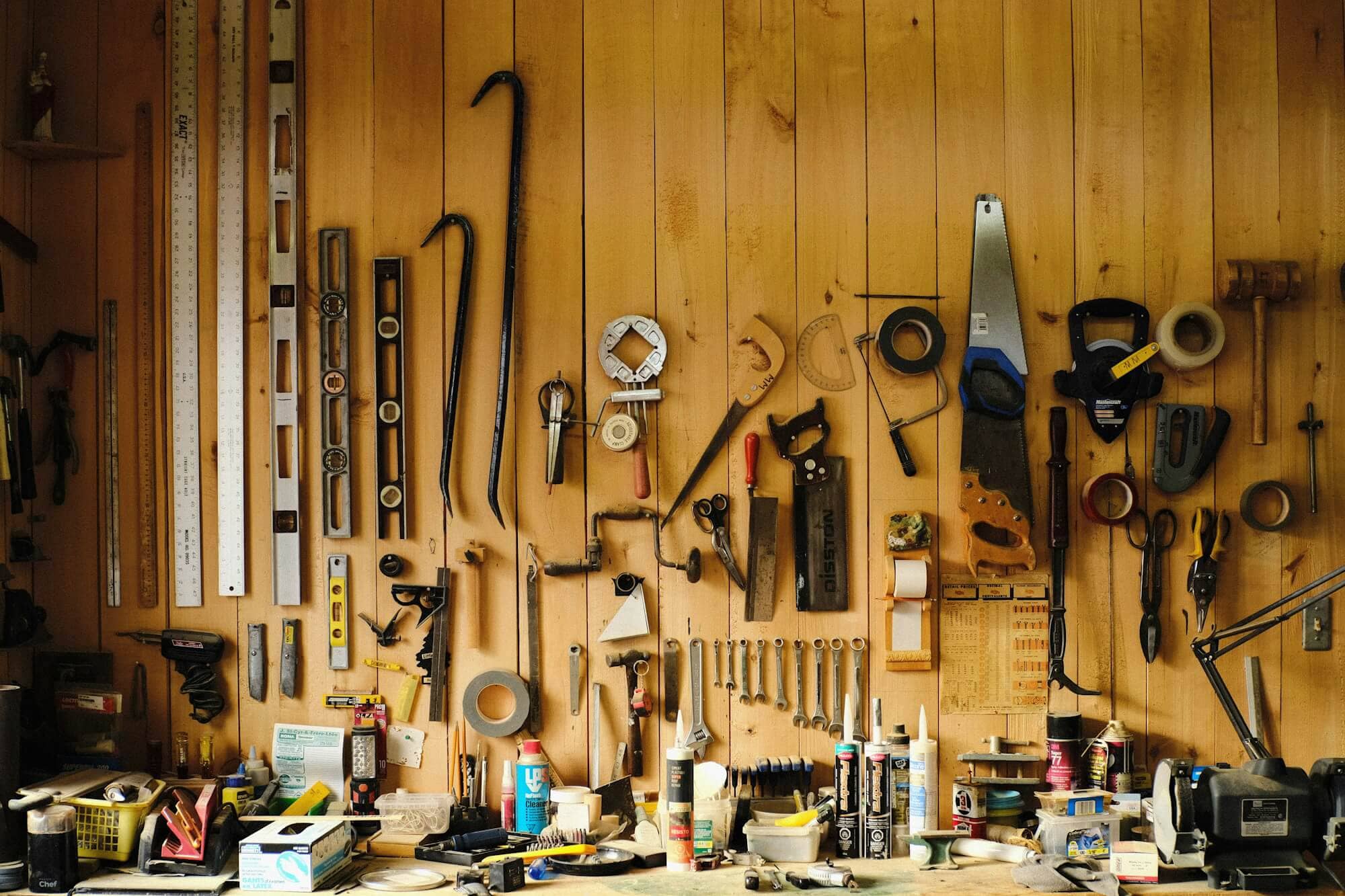 A wall of woodworking tools